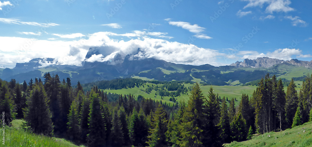 Italy, Dolomites, Ortisei, Siusi Alps, panoramic photo