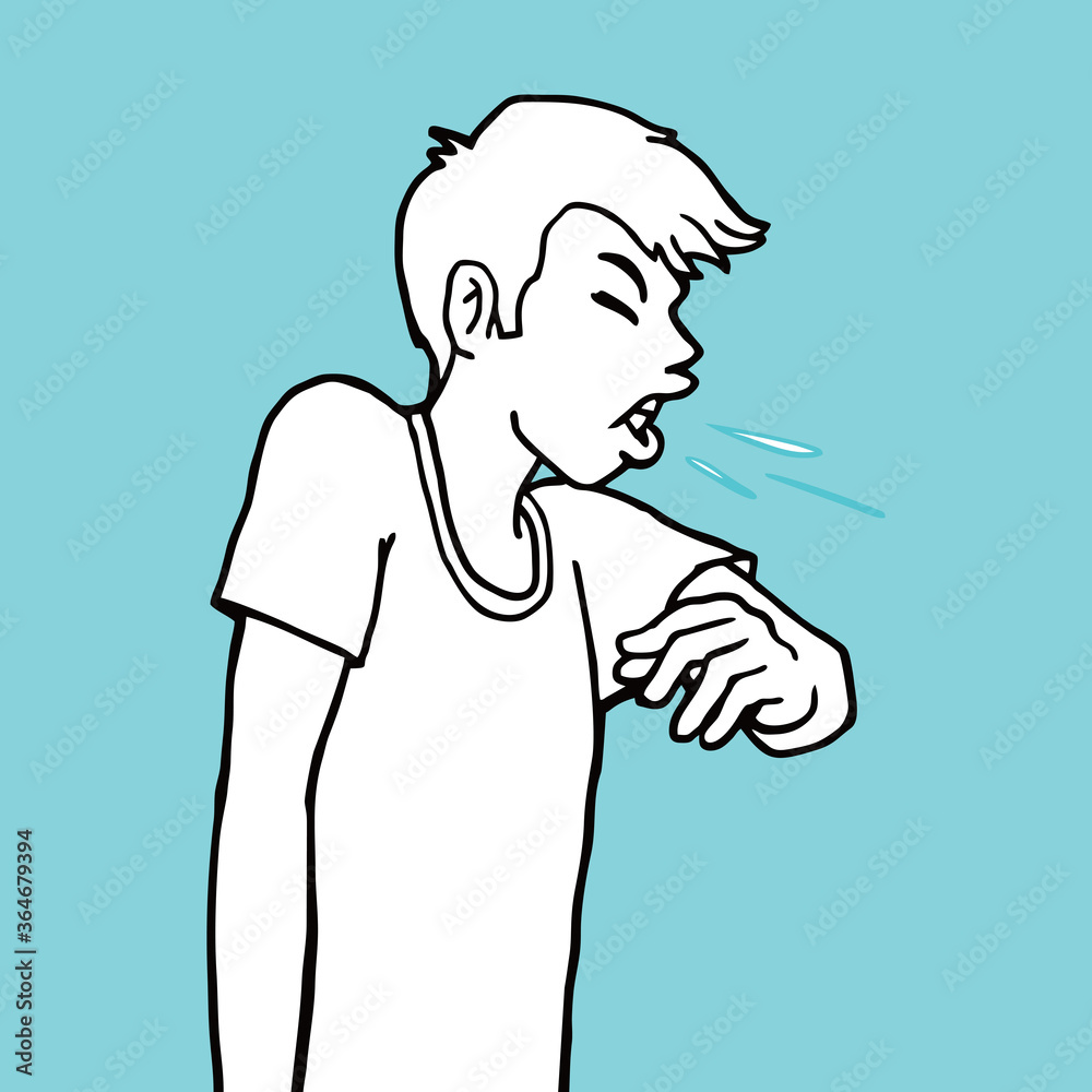 Young man get sick and sneezing. Vector illustration character, draw, sketch, doodle style. Young man get sick and sneezing. Vector illustration character, draw, sketch, doodle style.