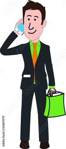 a man is talking on mobile holding bag