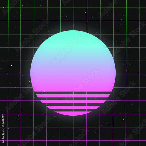 Retro 80's Vibes Sunset on Grid  | Gradient Galaxy Space