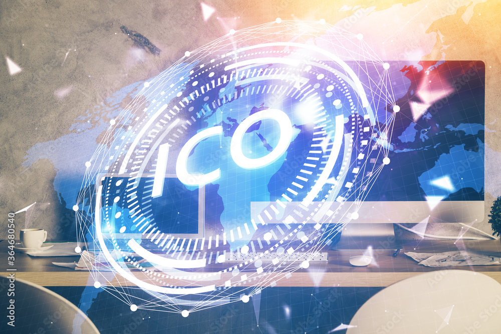 Multi exposure of blockchain theme hologram and table with computer background. Concept of bitcoin crypto currency. Multi exposure of blockchain theme hologram and table with computer background. Concept of bitcoin crypto currency.