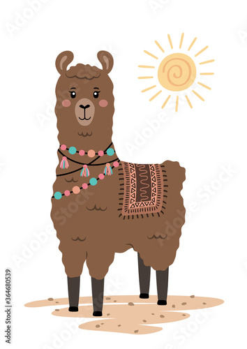Cute llama with ethnic design elements. Poster for baby room. Childish print for nursery. Design can be used for fashion t-shirt, greeting card, baby shower. Vector illustration.