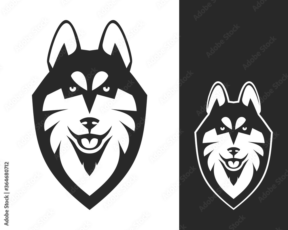 Fototapeta Siberian husky head logo or icon. Dog shows its tongue. Inversion version included. Stock vector illustration. Business sign template.