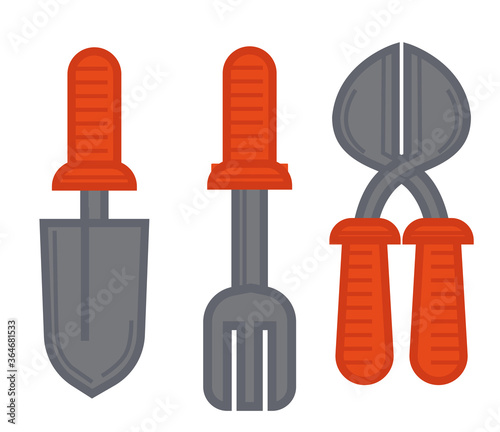 Pruner and shovel with fork or rakes gardening