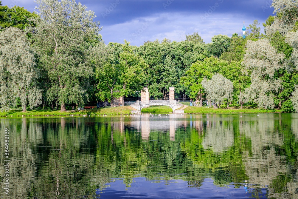 Fototapeta premium Mirror image in the Park by the water with the bridge . Summer Park. The lake in the Park. City park. Beautiful summer landscape.