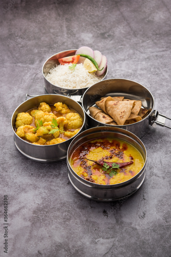 Indian vegetarian Lunch Box or Tiffin made up of stainless steel for