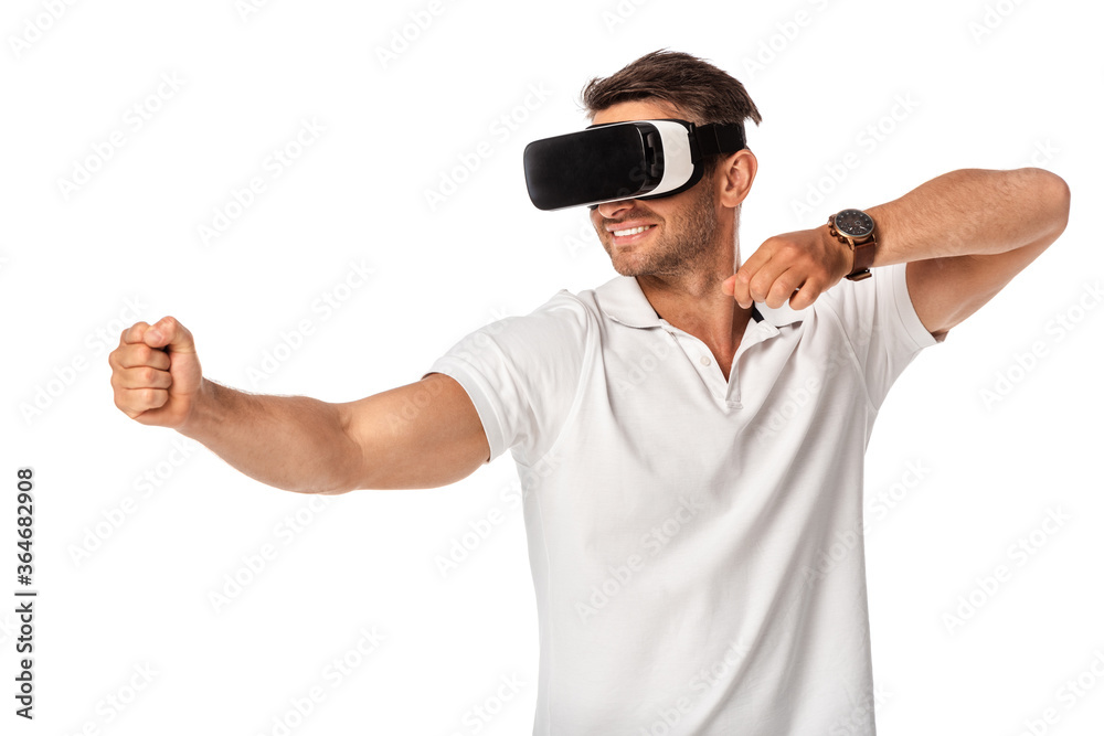 cheerful man in virtual reality headset gesturing isolated on white cheerful man in virtual reality headset gesturing isolated on white