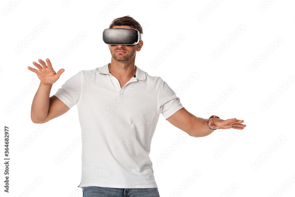 man in virtual reality headset gesturing isolated on white