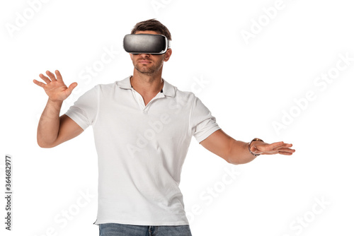 man in virtual reality headset gesturing isolated on white