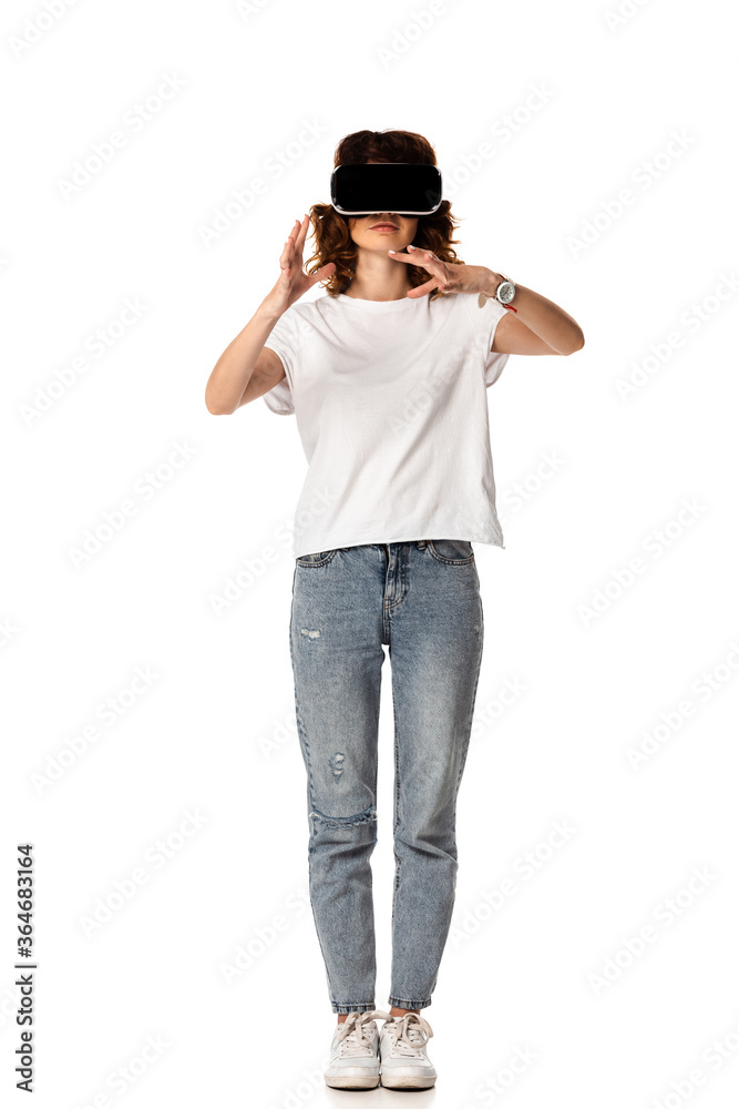 curly woman in virtual reality headset gesturing on white curly woman in virtual reality headset gesturing on white