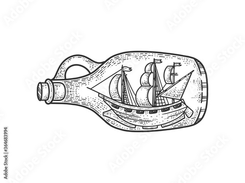 ship in bottle sketch engraving vector illustration. T-shirt apparel print design. Scratch board imitation. Black and white hand drawn image.