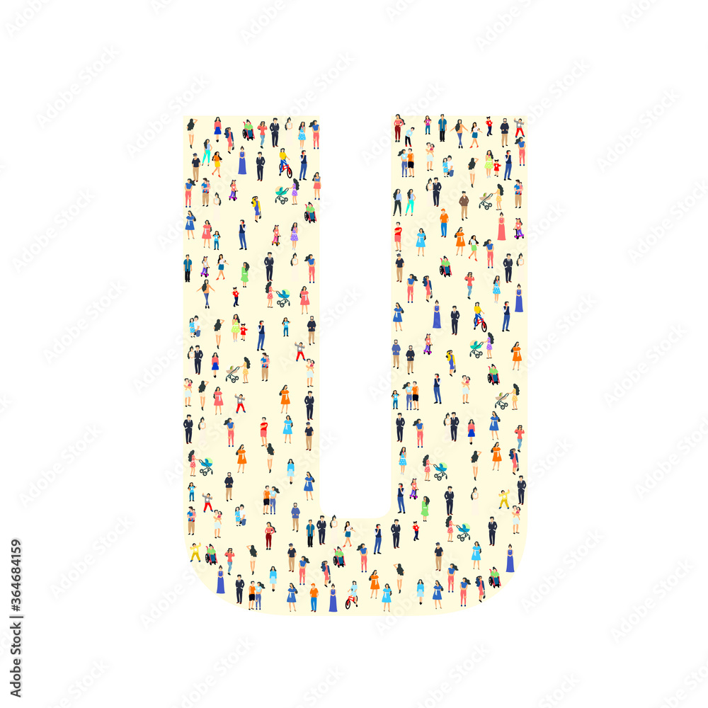 Large group of people in letter U form. People font. Clean vector font. Vector