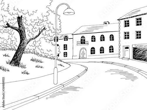 Old street road graphic black white city landscape sketch illustration vector