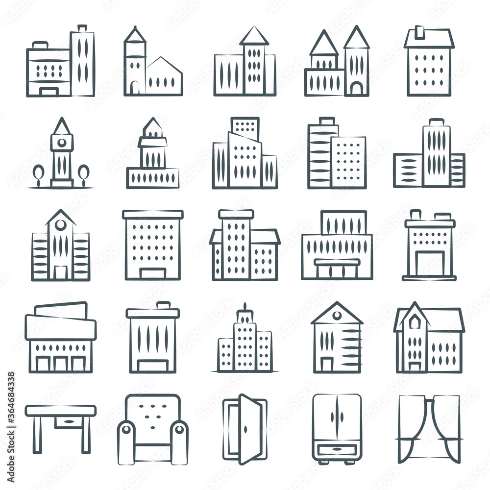 
City Buildings and Interiors Icons in Modern Linear Style Pack 
