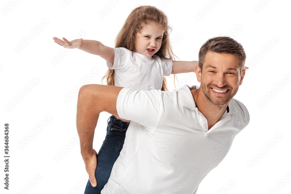 happy father piggybacking cute daughter with outstretched hands isolated on white happy father piggybacking cute daughter with outstretched hands isolated on white