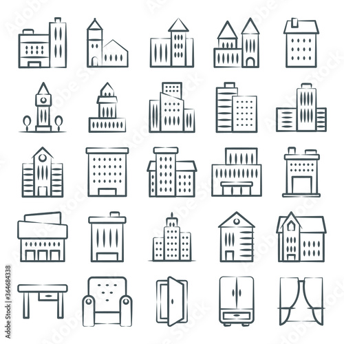 City Buildings and Interiors Icons in Modern Linear Style Pack 