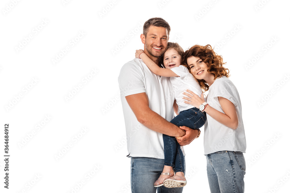 cheerful mother and daughter hugging man isolated on white cheerful mother and daughter hugging man isolated on white