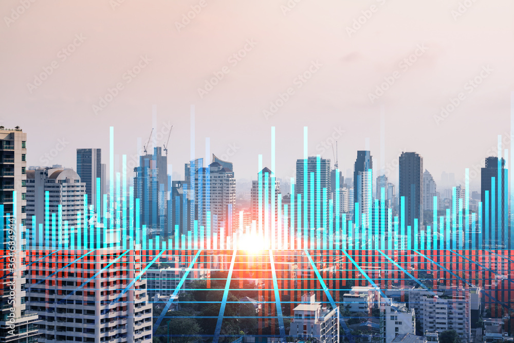 Forex and stock market chart hologram over panorama city view of Bangkok, the financial center in Asia. The concept of international trading. Double exposure. Forex and stock market chart hologram over panorama city view of Bangkok, the financial center in Asia. The concept of international trading. Double exposure.