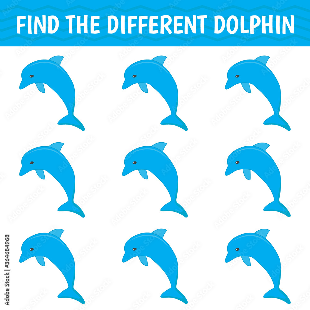 Game for kids and adults. Find a different dolphin among the same ones. Vector illustration Game for kids and adults. Find a different dolphin among the same ones. Vector illustration