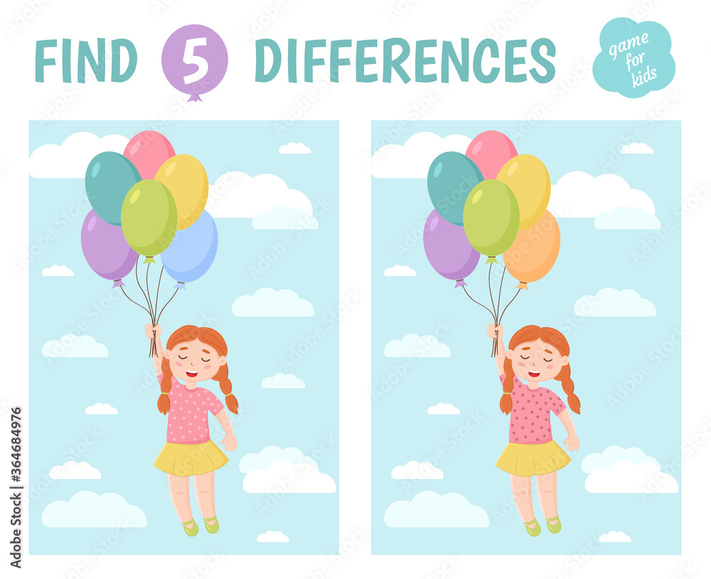 Find the differences. Red-haired girl with balloons. Children's game of mindfulness. Vector illustration.