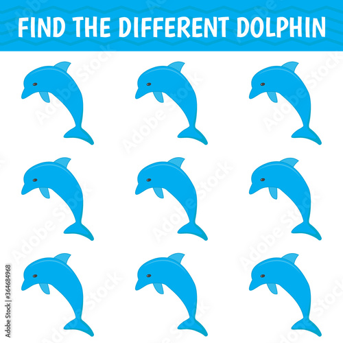 Game for kids and adults.  Find a different dolphin among the same ones. Vector illustration