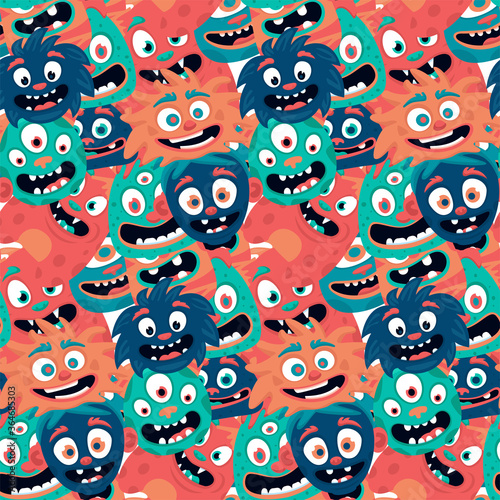 Seamless pattern with fun monsters. Ornament, print for children's textiles or decoration.