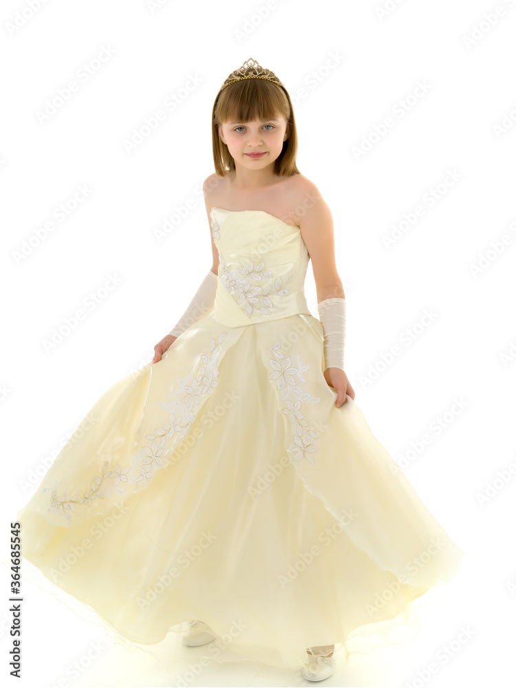 A little girl in a long, elegant dress of a princess. A little girl in a long, elegant dress of a princess.