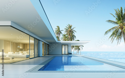 Perspective of modern house with swimming pool on sea background, Exterior. 3d rendering   © nuchao