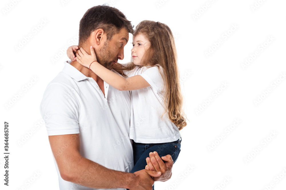 cute kid hugging handsome father isolated on white cute kid hugging handsome father isolated on white