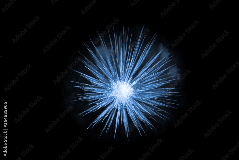 Beautiful blue big bang science object with glowing core. Scientific artificial scene in microcosm or macrocosm show e.g. dangerous virus or explosion birth of star in cosmos. Dark background