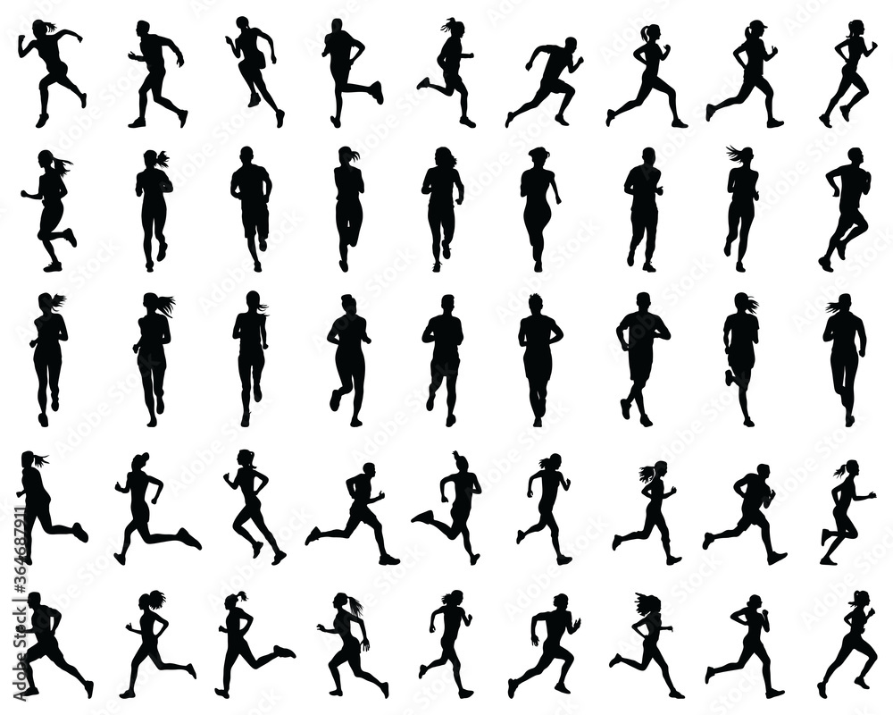 Black silhouettes of runners on a white background