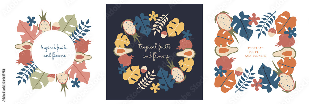Fototapeta premium Set of invitation cards with summer tropical leaves and fruits in circle template. Posters, placards and banners template. Hand drawn vector illustration in modern flat style, isolated background.