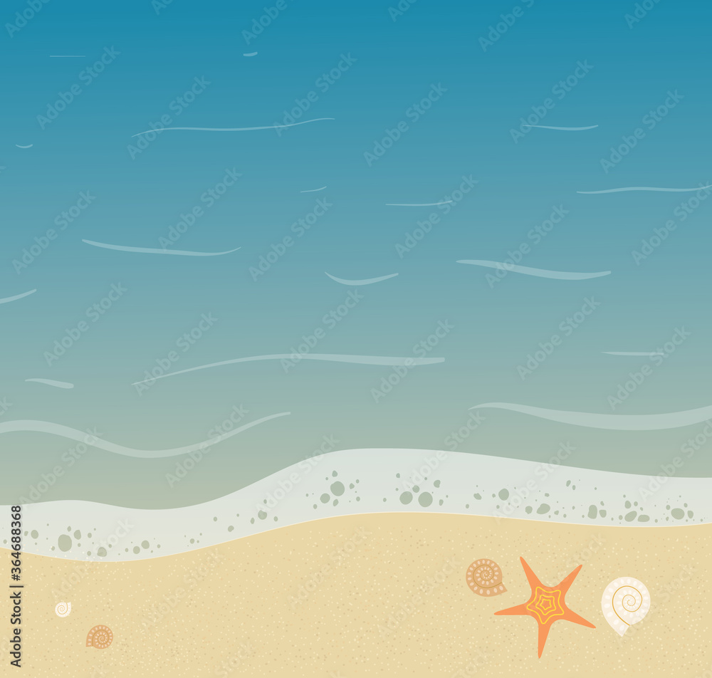 Fototapeta premium Beautiful seashore background with starfish and small shells on it. Sandy beach summer illustration. - Vector