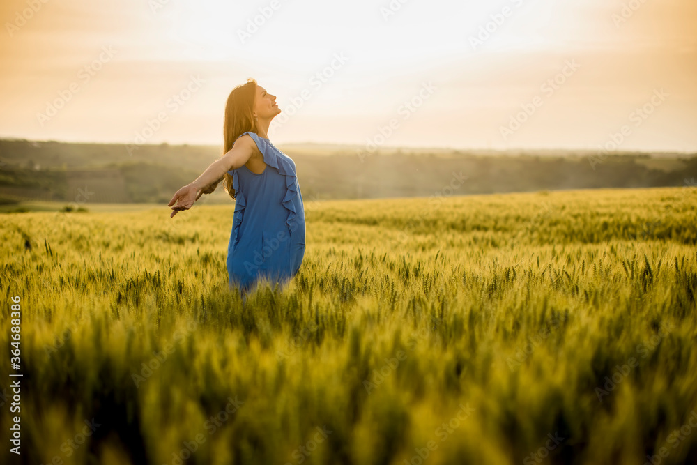 Young pregnant woman in the field - obrazy, fototapety, plakaty 