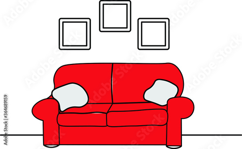 Red Couch in Living Room with Warm Lighting