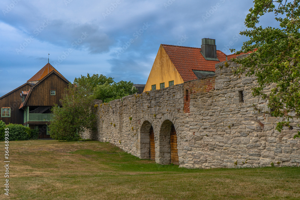 Ancient houses in Visby. Photo of medieval architecture. Sweden. Gotland.