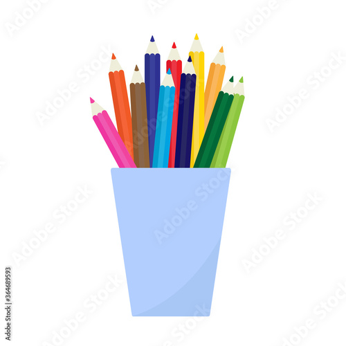 Colored pencils in a glass for office. Flat vector illustration isolated on white background.