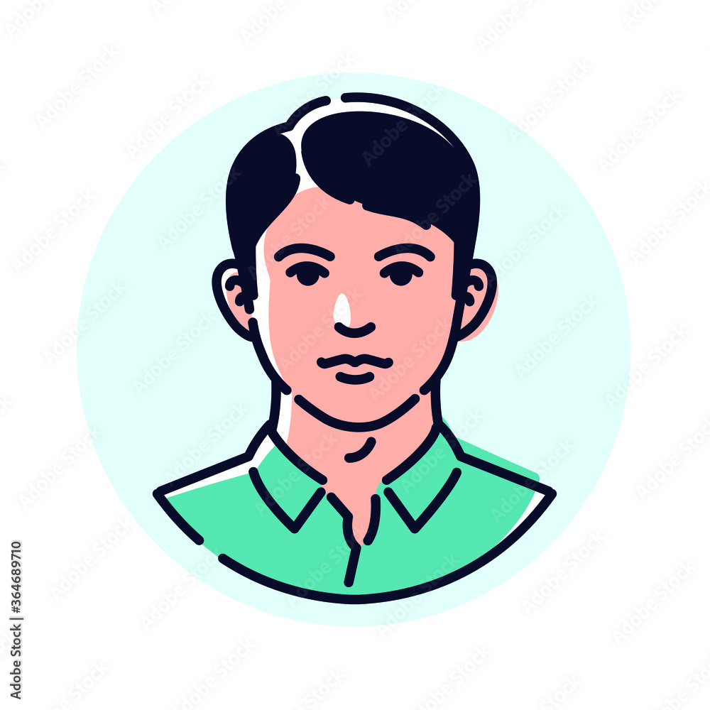 Illustration of a stylish young man. Vector. Avatar of a man for profile. Mascot for companies. The image of a client for a men's hairdresser. Very beautiful character. The image of an excellent stude