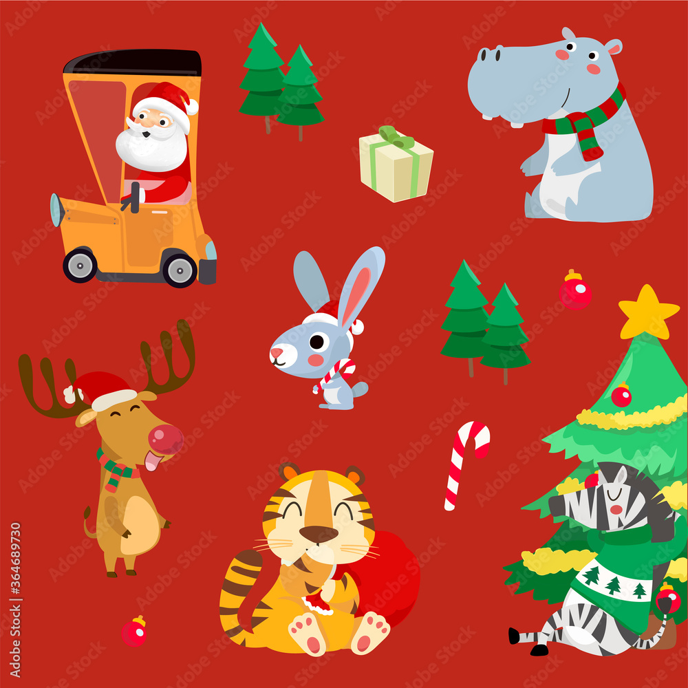 Christmas set with wild animals. Seamless pattern with various cute and christmas set with wild animals on background