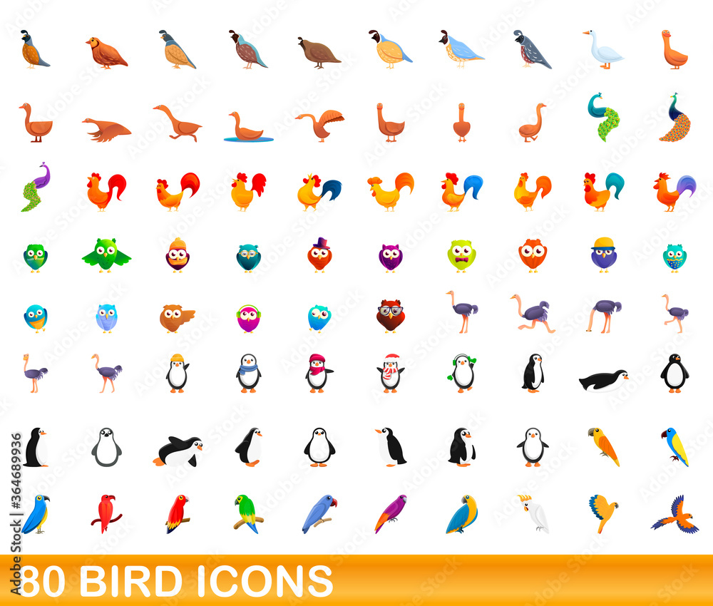 80 bird icons set. Cartoon illustration of 80 bird icons vector set isolated on white background