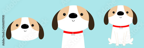Dog face, body, sitting puppy icon set. Red collar. White pooch. Cute cartoon kawaii funny baby character. Flat design style. Help homeless animal concept. Adopt me. Pet adoption. Blue background.