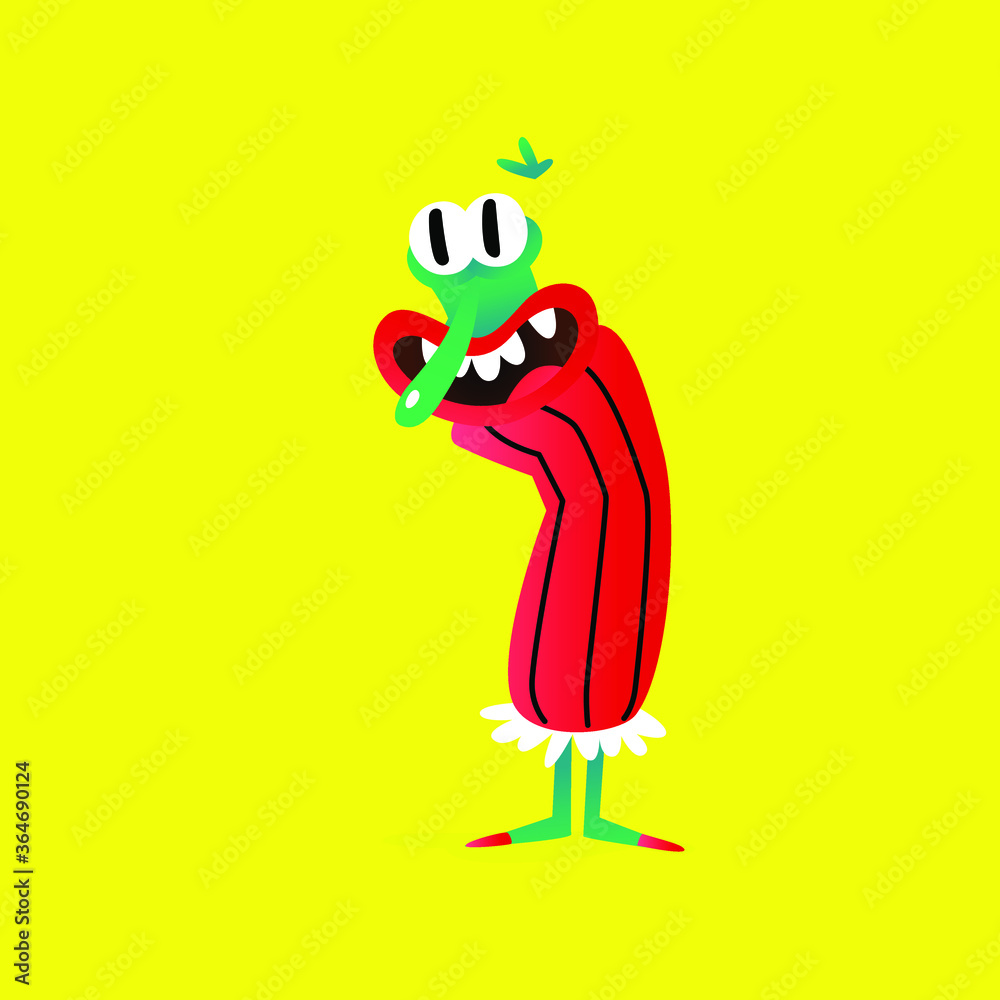 Illustration of a cute, lovely monster character. Vector. Mascot for the company. Abstract creature. Character is isolated on a yellow background. Children's cartoon image, lively drawing of a monster