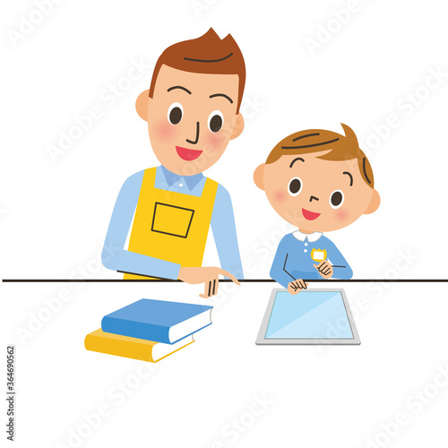 男性保育士と子供とタブレット