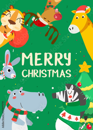 Merry Christmas greeting card with Tiger  rabbit  hippopotamus  giraffe and zebra. Cute holiday cartoon character vector. Happy new year.