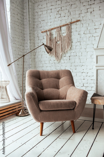 Wallpaper Mural room , interior,  beige armchair on a white wooden floor, window, lamp Torontodigital.ca