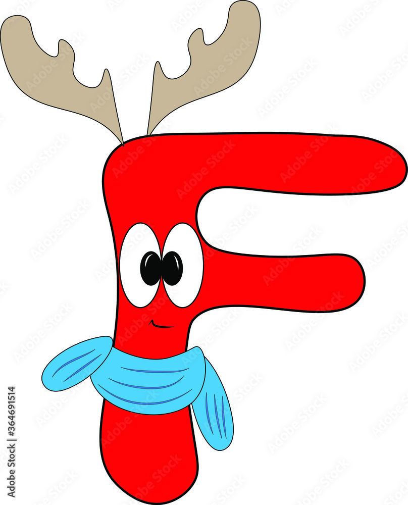 Bright new year's children's font. Christmas. Holiday atmosphere. English Latin alphabet. A sign with eyes and emotions. Fun bright red kids letter F. Christmas reindeer antlers, a scarf.