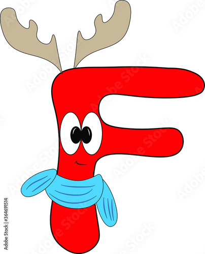 Obraz na płótnie Bright new year's children's font. Christmas. Holiday atmosphere. English Latin alphabet. A sign with eyes and emotions. Fun bright red kids letter F. Christmas reindeer antlers, a scarf. w salonie