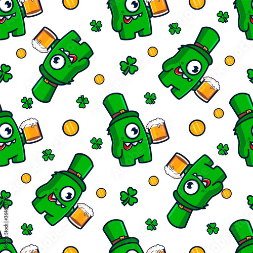 Saint patrick's monsters drinking beer seamless patterns