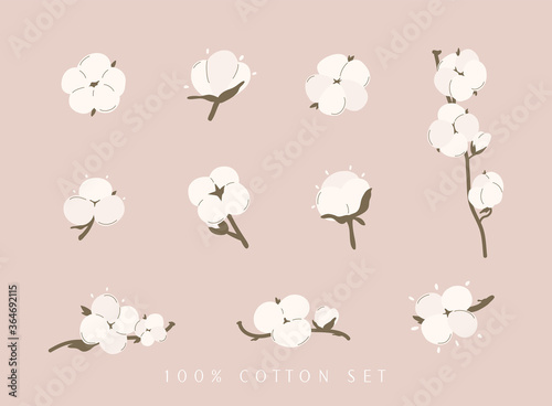 Cotton flower & ball big set. Concept of of natural eco organic textile, fabric.
