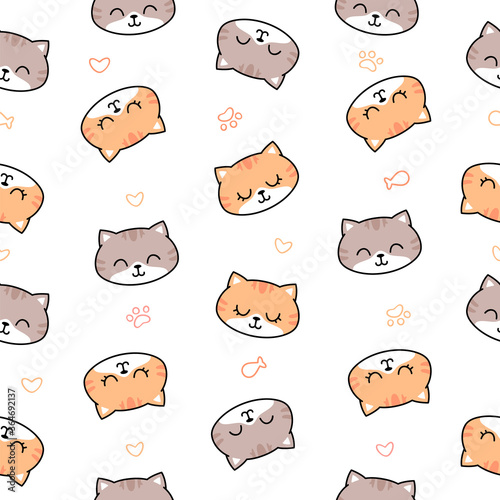 Hand drawn cute little cat seamless pattern